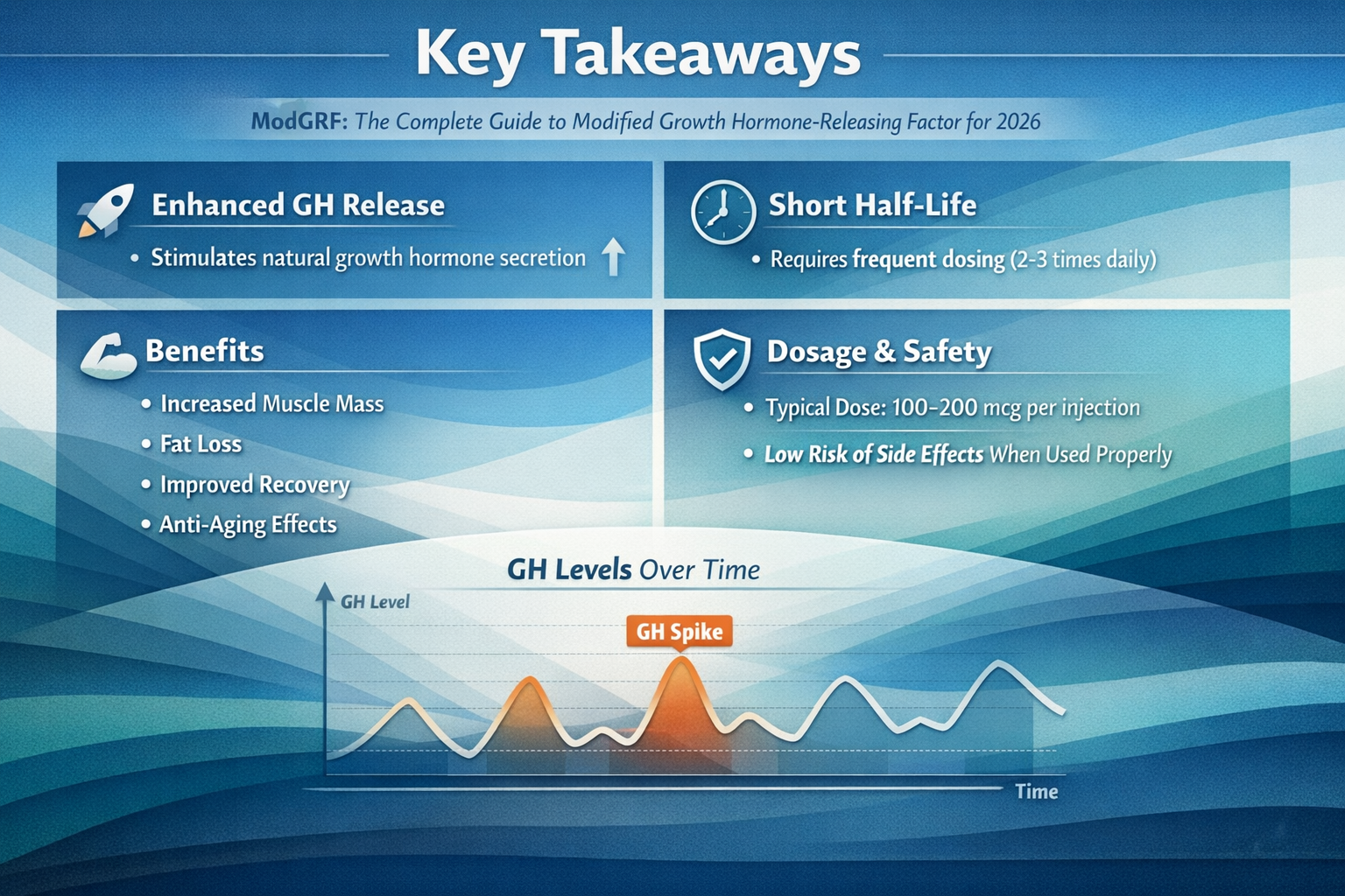 Professional landscape infographic (1536x1024) for article "ModGRF: The Complete Guide to Modified Growth Hormone-Releasing Factor for 2026"