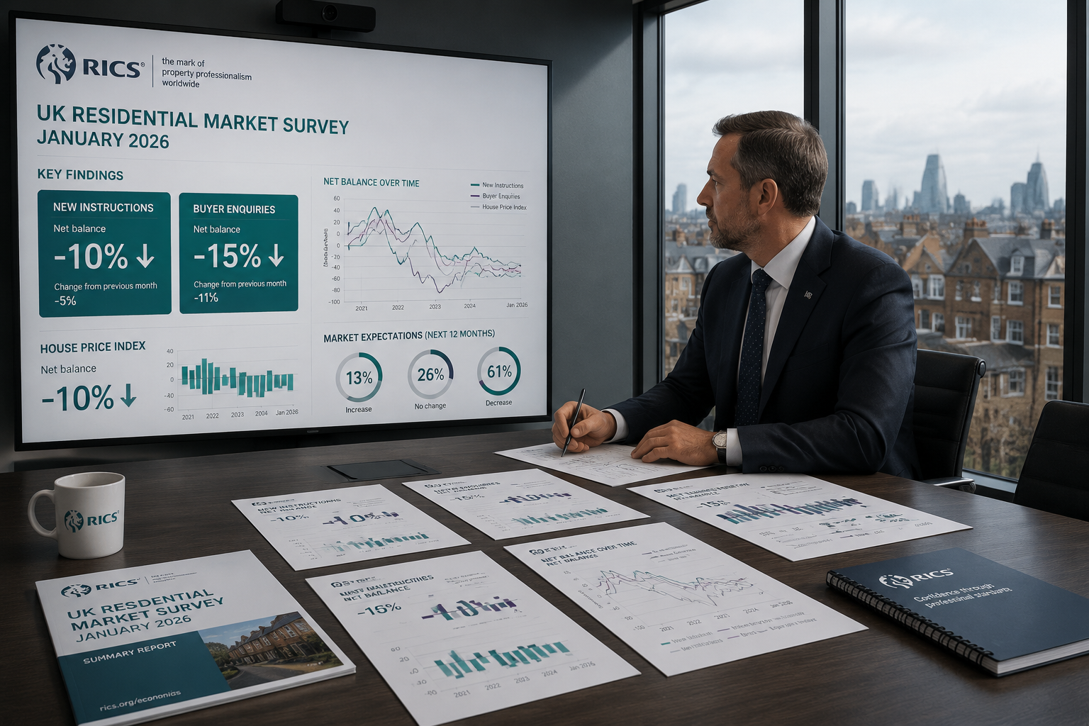 Wide-angle editorial photograph of a professional RICS chartered surveyor in a formal suit reviewing January 2026 UK