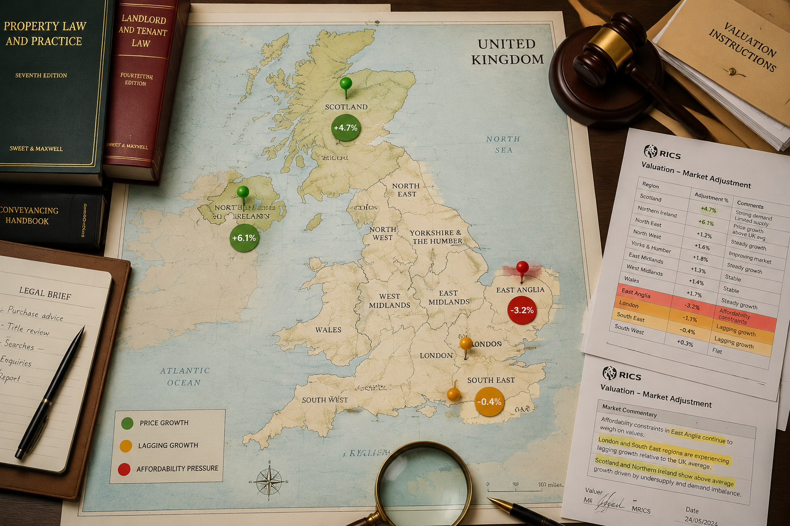 Overhead bird's-eye view of a UK regional map laid flat on a legal desk, with colored pins and percentage markers
