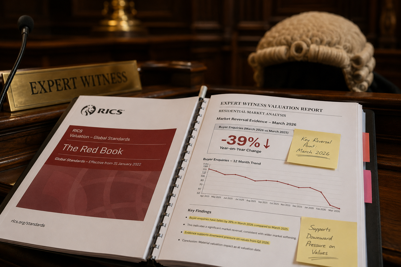 Close-up dramatic courtroom-style scene showing an expert witness valuation report open on a wooden witness stand, with a