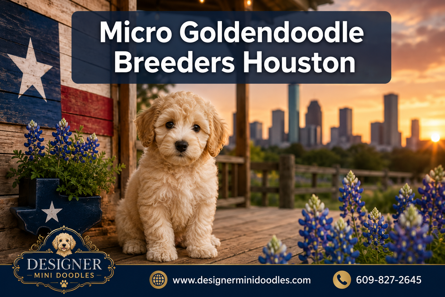 Professional () editorial hero image with 'Micro Goldendoodle Breeders Houston' in crisp white with subtle dark , centered