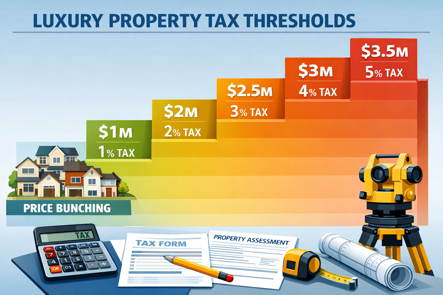 Detailed landscape format (1536x1024) illustration showing luxury property tax threshold tiers as ascending steps or staircase, with specifi