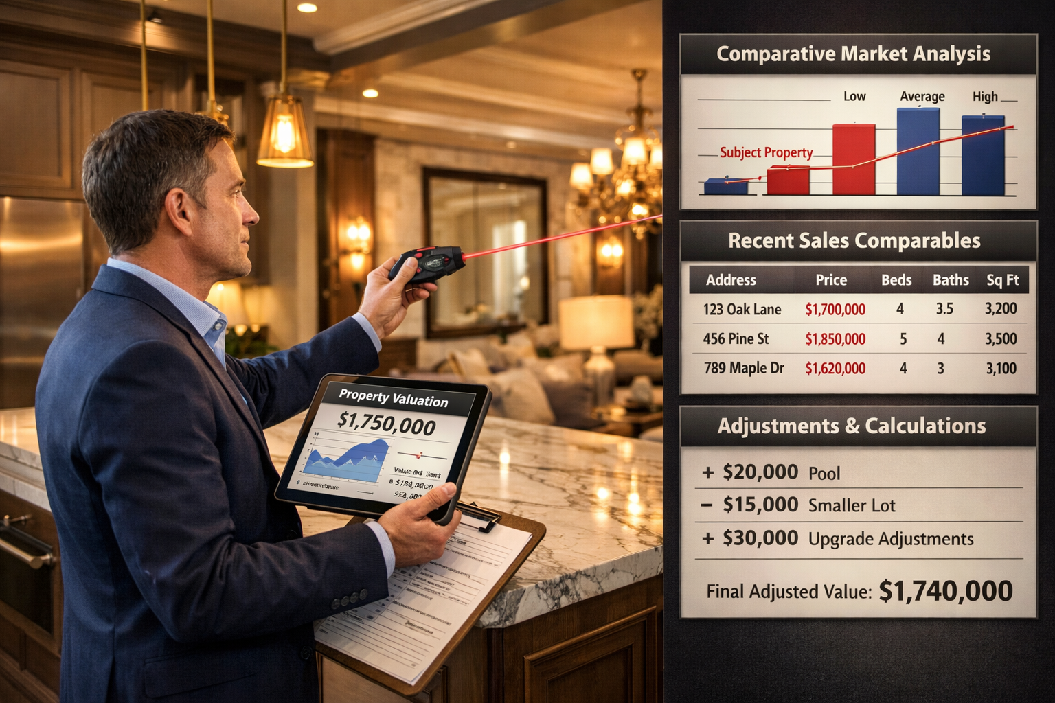 Detailed landscape format (1536x1024) scene showing professional surveyor conducting detailed property assessment in high-end residential in