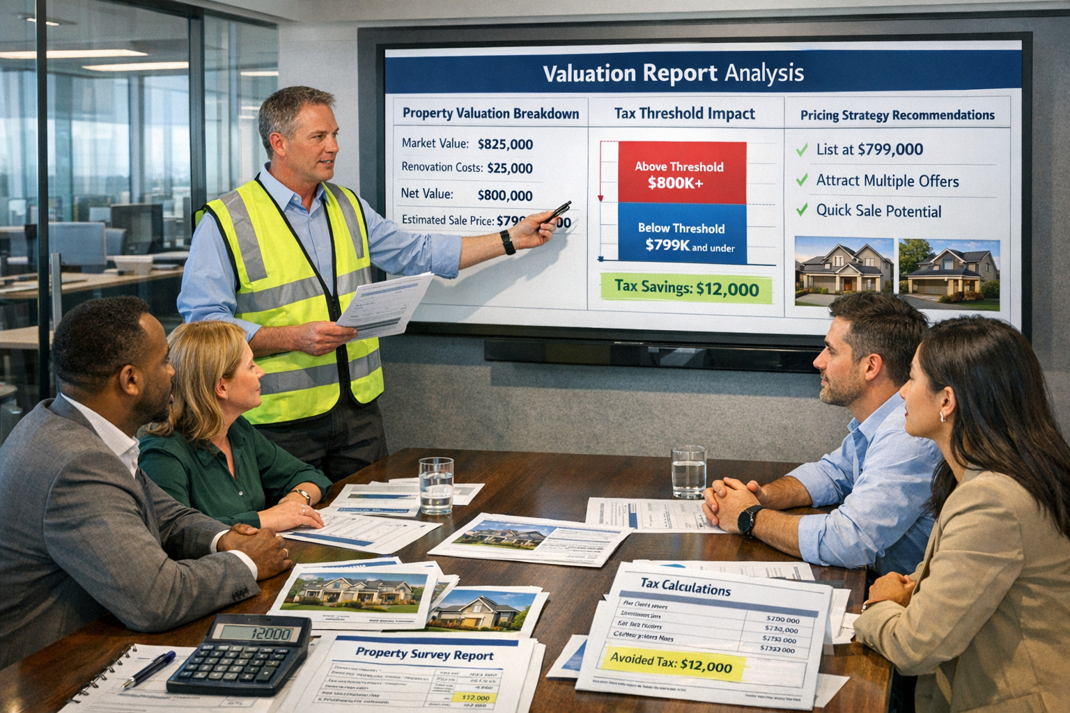 Detailed landscape format (1536x1024) professional negotiation scene in modern real estate office with surveyor presenting valuation report 