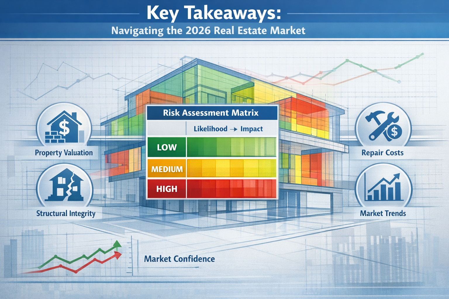 Key Takeaways section infographic: Layered architectural blueprint with transparent color-coded highlighting building survey