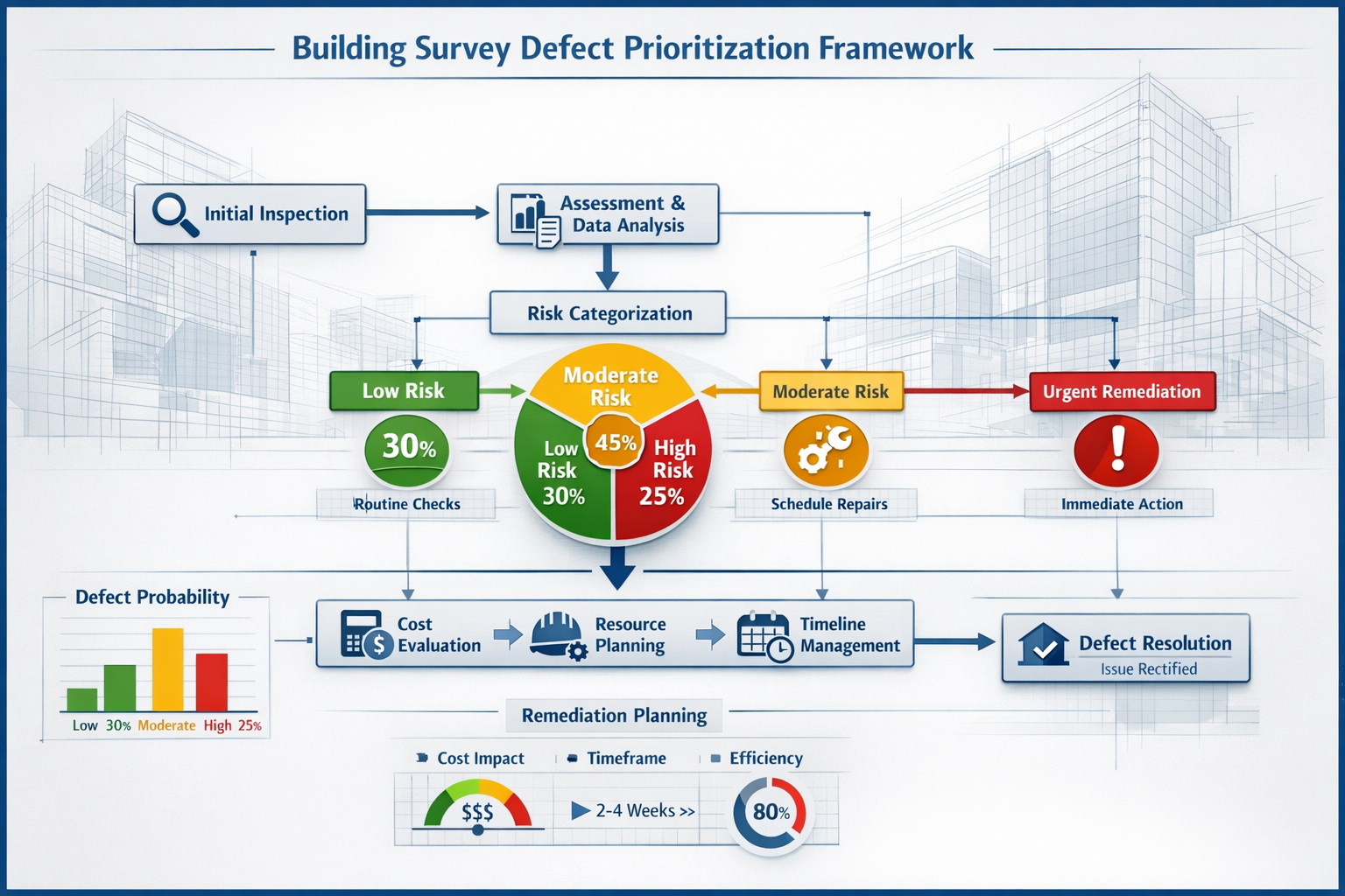 Building Survey Defect Prioritization Framework: Sophisticated flowchart-style diagram presenting hierarchical decision tree