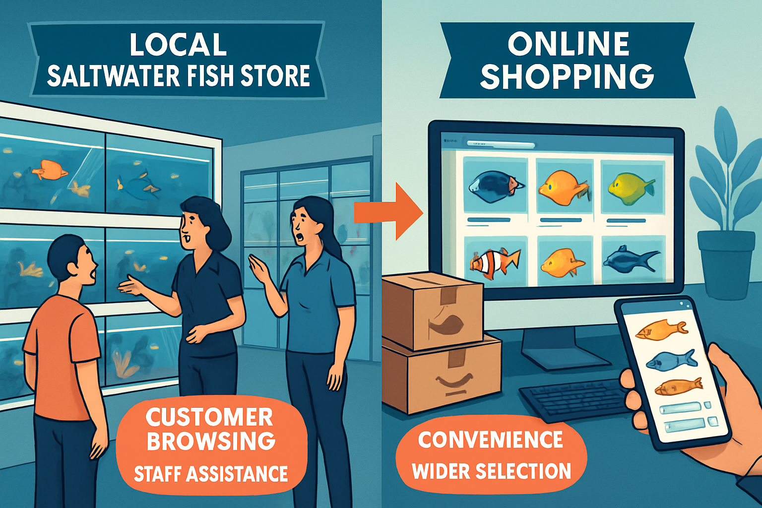Detailed landscape image (1536x1024) showing comparison split-screen of local saltwater fish store vs online shopping experience. Left side 