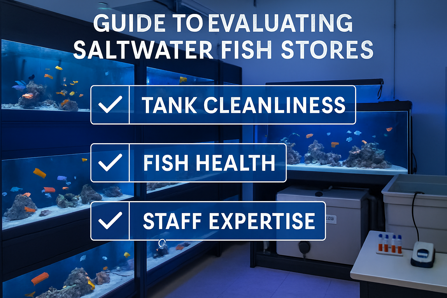 Landscape image (1536x1024) depicting comprehensive guide to evaluating saltwater fish stores with visual checklist overlay. Scene shows pri