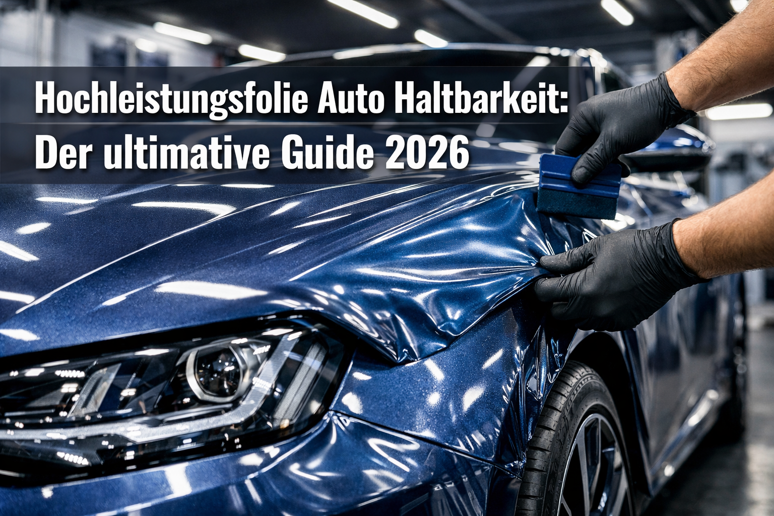Professional landscape format (1536x1024) hero image featuring bold text overlay 'Hochleistungsfolie Auto Haltbarkeit: Der ultimative Guide 