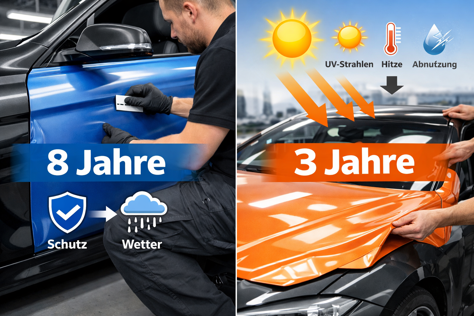 Landscape format (1536x1024) split-screen visualization showing vertical car application on left (door panel, side) with '8 Jahre' text over