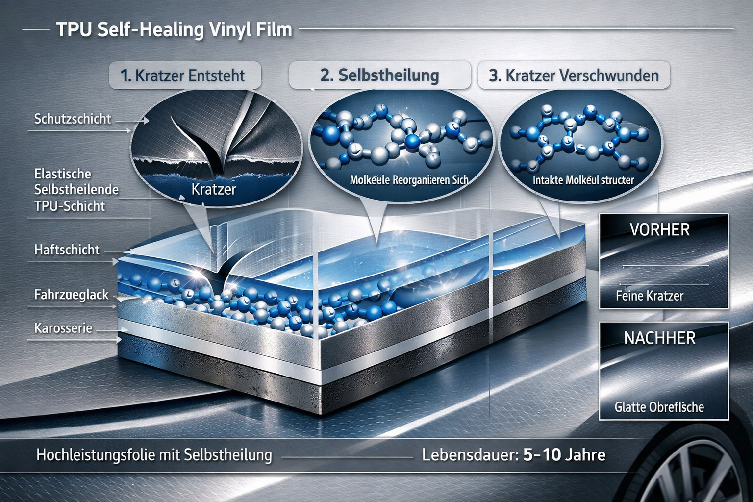 Landscape format (1536x1024) detailed cross-section illustration of TPU self-healing vinyl film layers with microscopic view, showing scratc