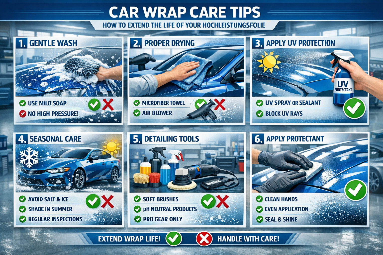 Landscape format (1536x1024) step-by-step maintenance infographic showing proper car wrap care routine, six panels displaying washing techni