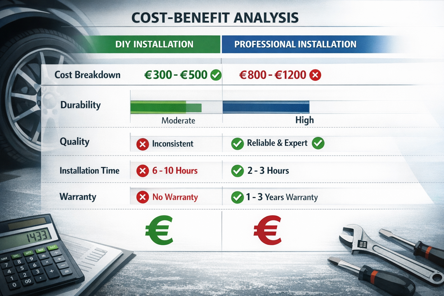 Landscape format (1536x1024) professional cost-benefit analysis table comparing DIY vs professional installation, two columns with checkmark