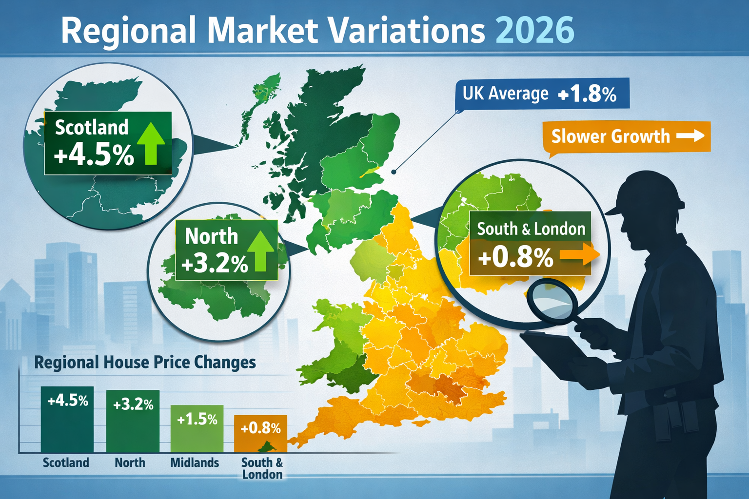 Detailed landscape format (1536x1024) infographic-style image showing UK map with regional housing market performance data for 2026. Scotlan