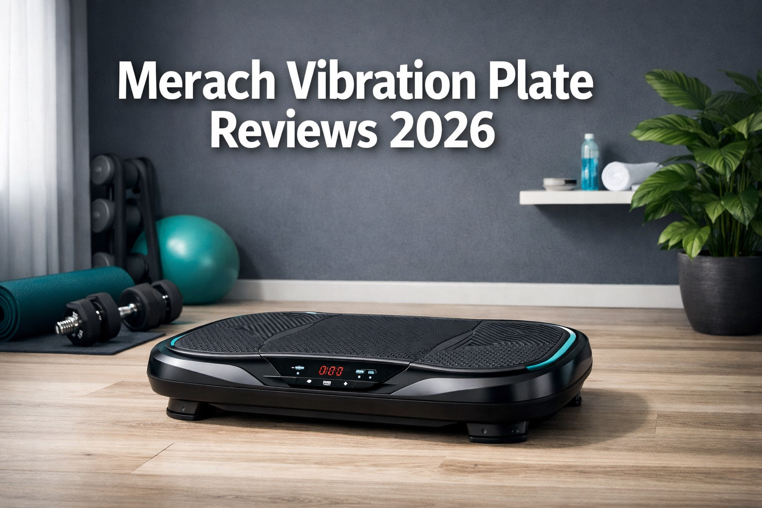 Professional () hero image with : 'Merach Vibration Plate Reviews 2026' in extra large white with dark drop , centered