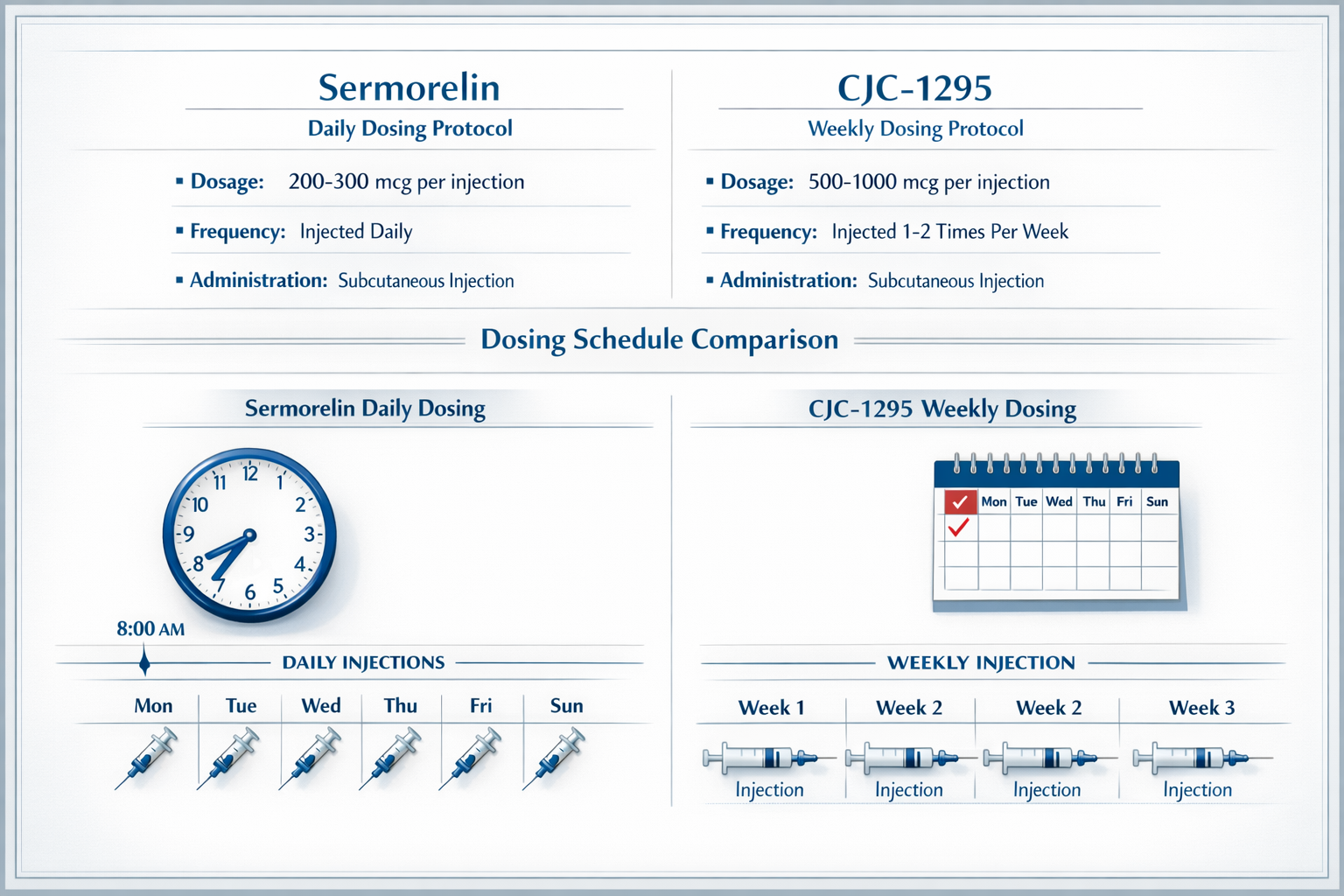 Comprehensive comparison chart showing serm vs CJC-1295 dosing protocols, injection frequencies, and administration methods. Visual ti