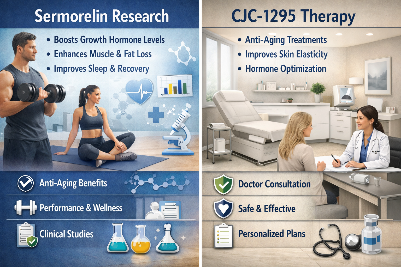 Split-screen visualization showing serm and CJC-1295 research applications and considerations. Left side displays fitness and wellness