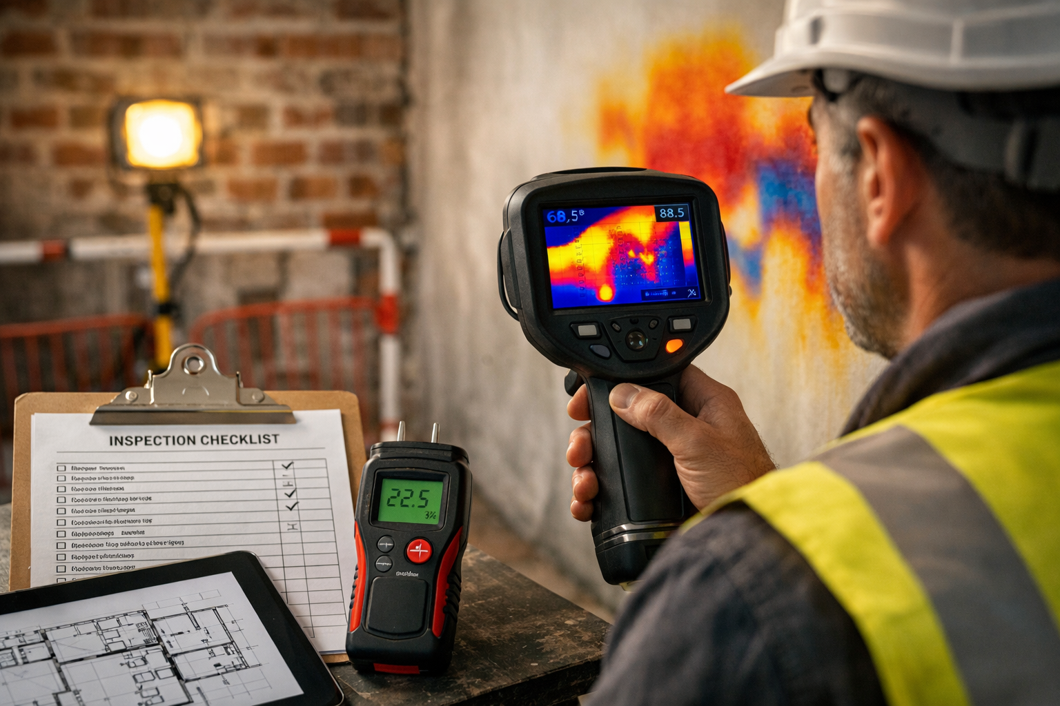 () close-up documentary-style photograph of building surveyor conducting thermal imaging inspection on interior wall of