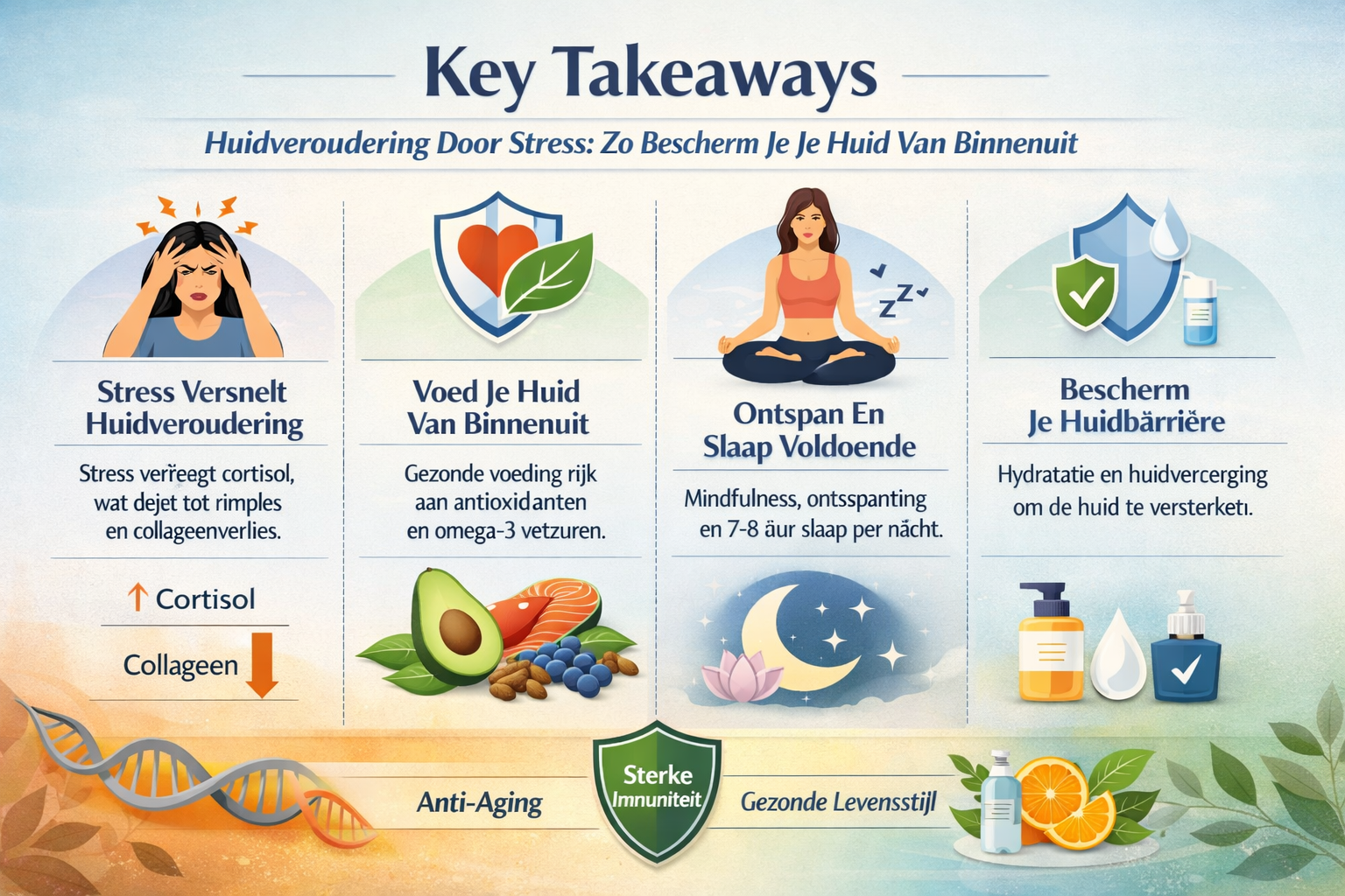 Professional landscape infographic (1536x1024) for article "Huidveroudering Door Stress: Zo Bescherm Je Je Huid Van Binnenuit", section: "Ke
