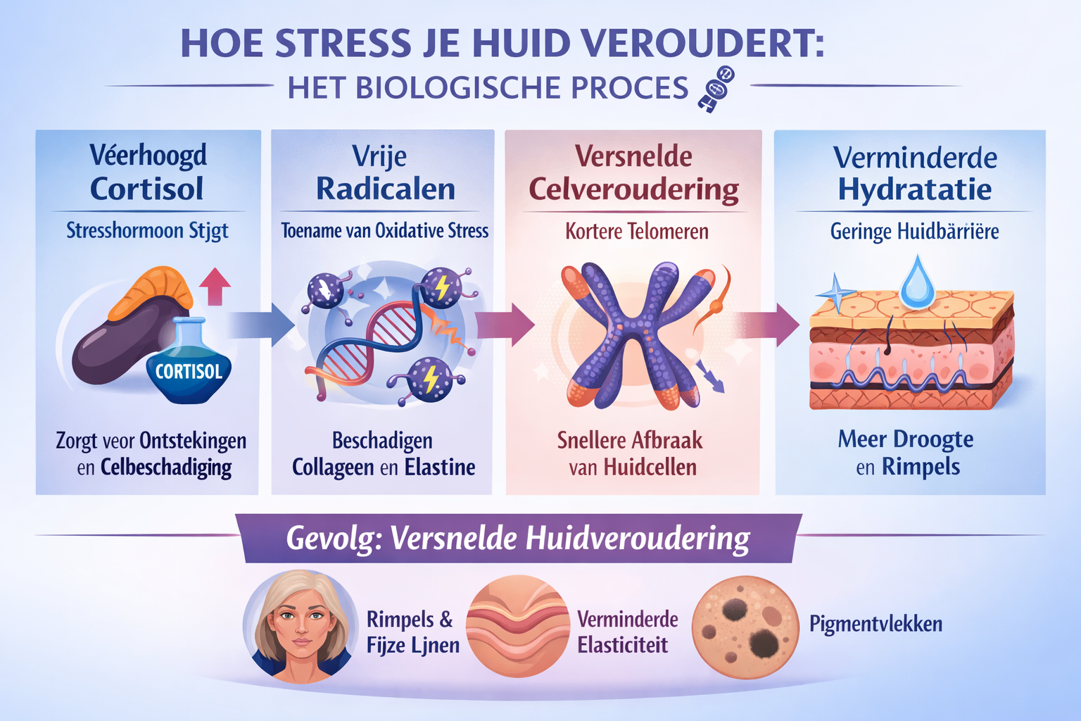 Professional landscape infographic (1536x1024) for article "Huidveroudering Door Stress: Zo Bescherm Je Je Huid Van Binnenuit", section: "Ho