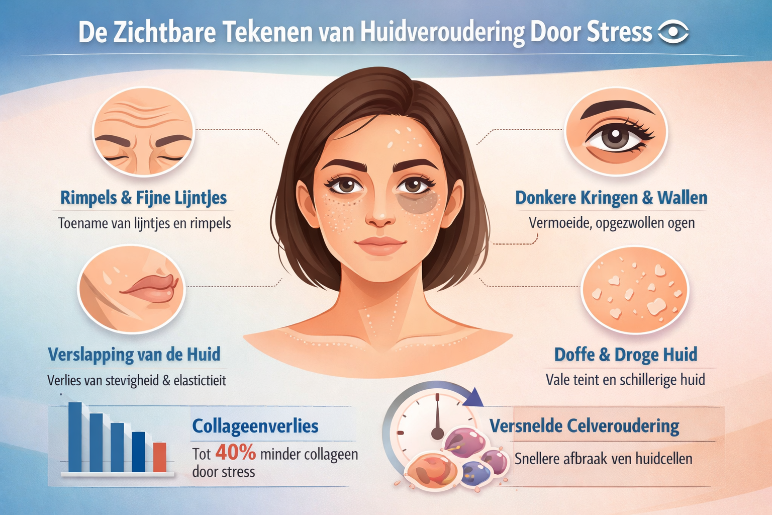 Professional landscape infographic (1536x1024) for article "Huidveroudering Door Stress: Zo Bescherm Je Je Huid Van Binnenuit", section: "De