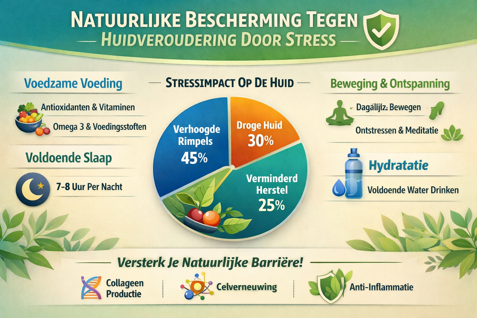 Professional landscape infographic (1536x1024) for article "Huidveroudering Door Stress: Zo Bescherm Je Je Huid Van Binnenuit", section: "Na
