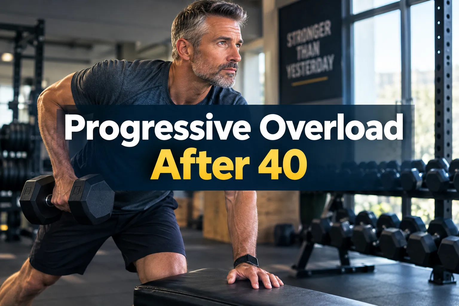 Professional landscape hero image () with a reading "Progressive Overload After 40". CRITICAL TYPOGRAPHY RULES: render the