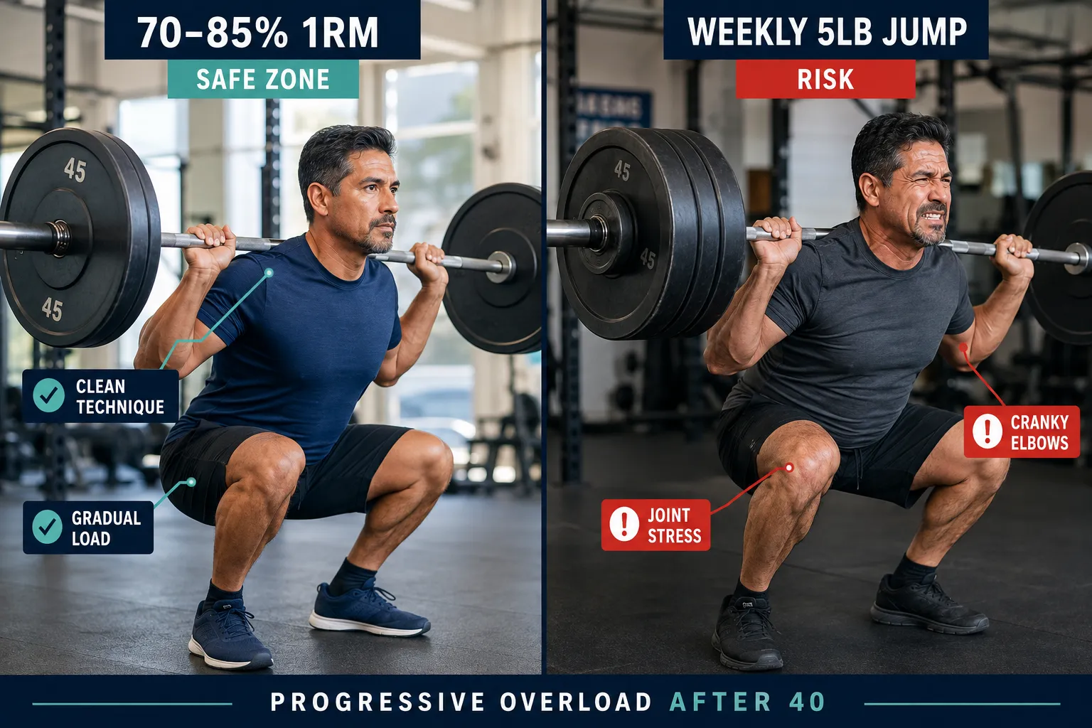 How is training progression different for people over 40, and what's the safest way to progress strength without injury?