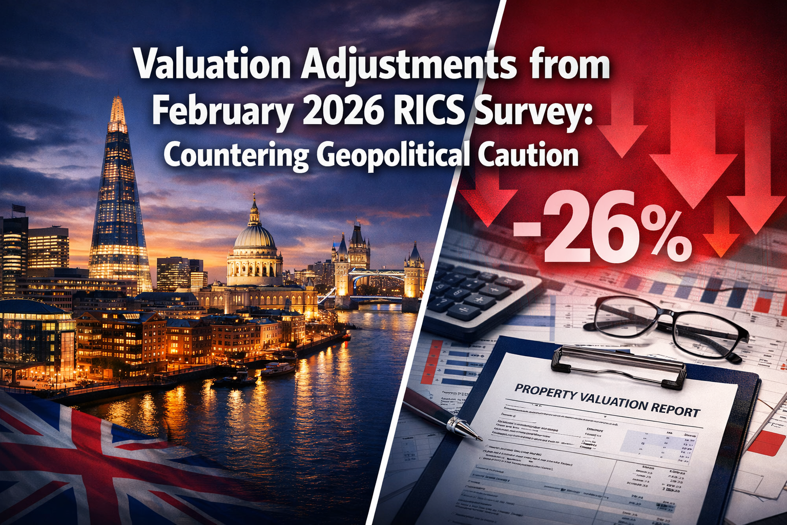 Professional () hero image featuring 'Valuation Adjustments from February 2026 RICS Survey: Countering Geopolitical Caution'