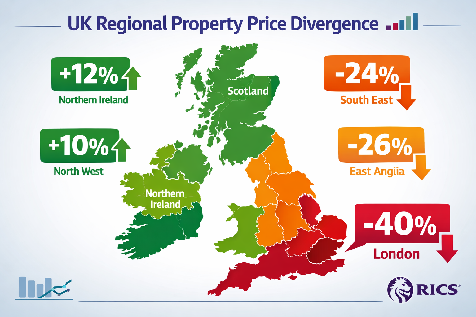 () detailed infographic showing UK regional property price divergence map with color-coded regions: London highlighted in