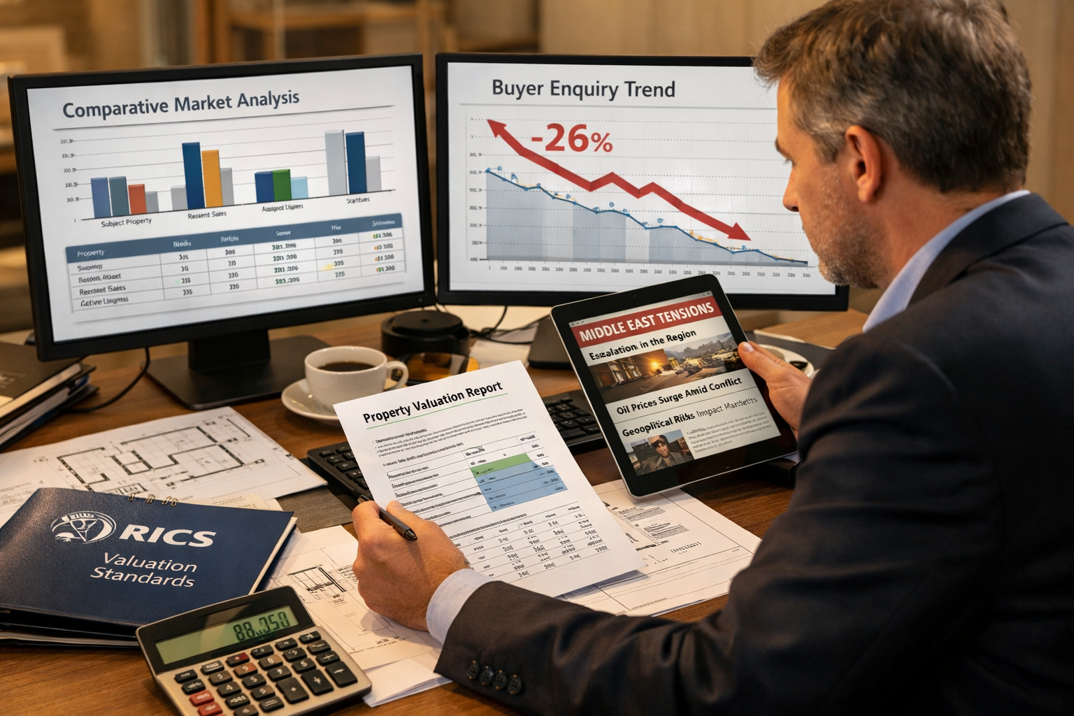 () professional scene showing chartered surveyor at modern desk reviewing property valuation documents with dual computer