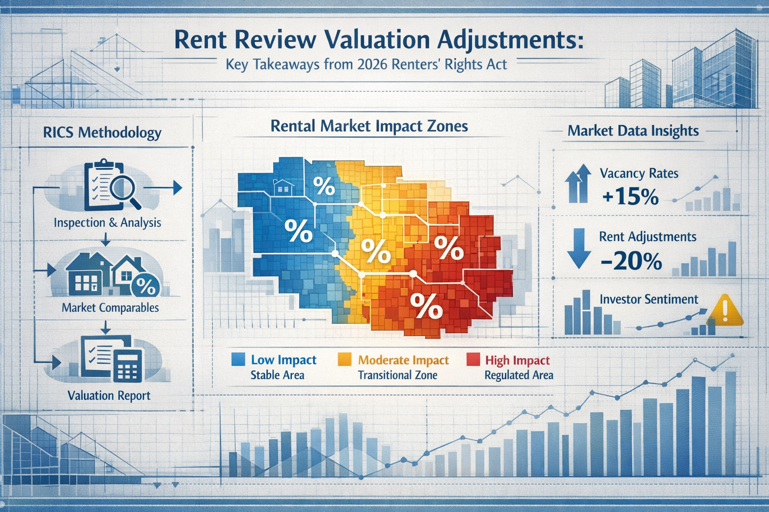 Infographic-style visualization depicting key takeaways from Rent Review Valuation Adjustments, featuring stylized