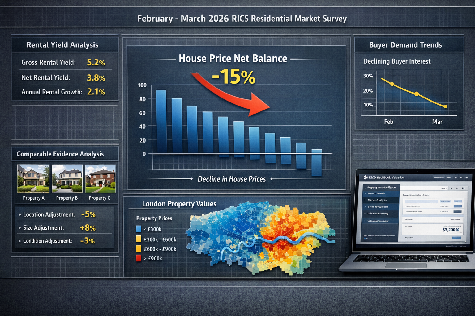() comprehensive market data visualization dashboard showing February-March 2026 RICS Residential Market Survey results.