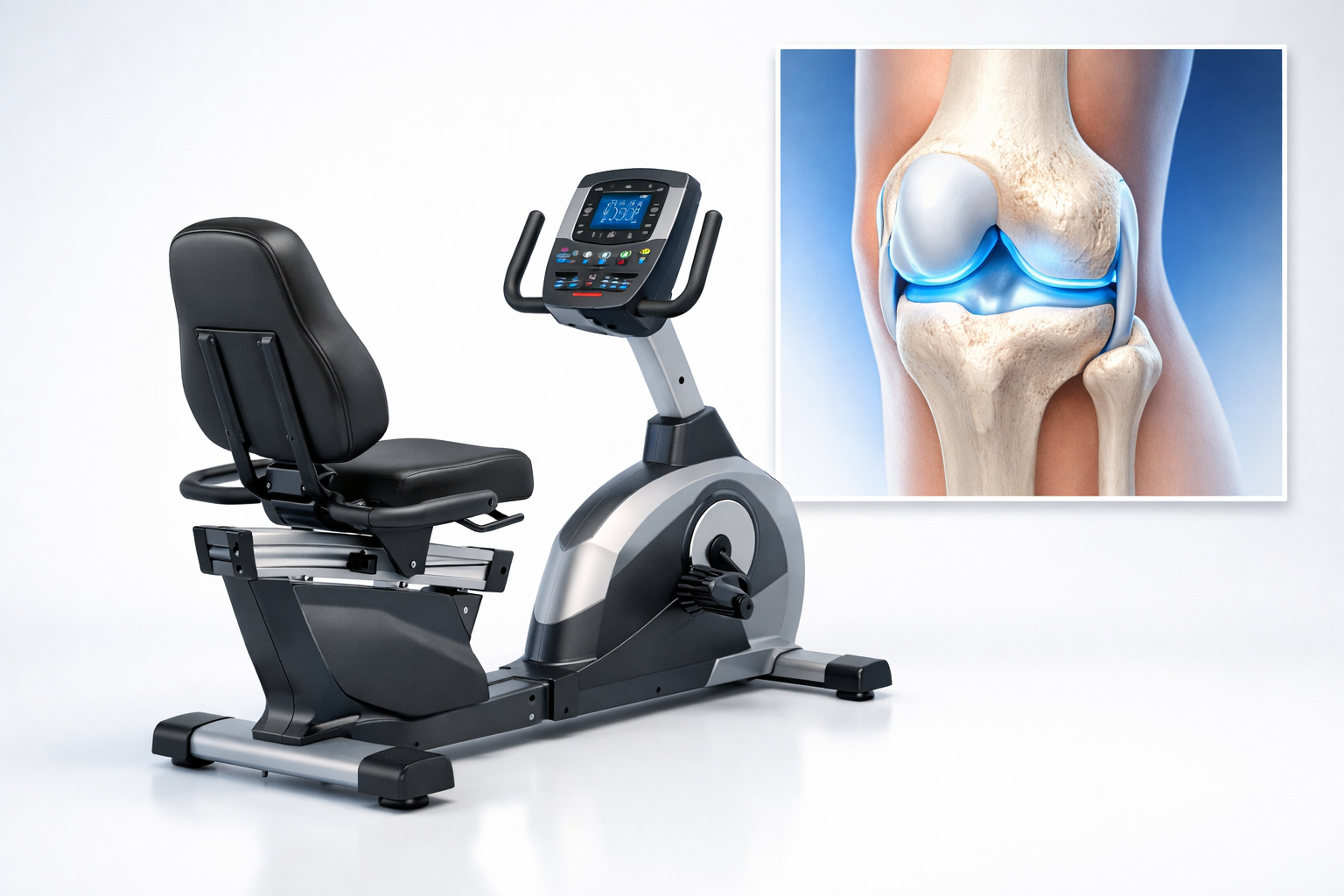 Professional studio photo of a modern recumbent exercise bike on a clean white background, with a close-up inset of a human