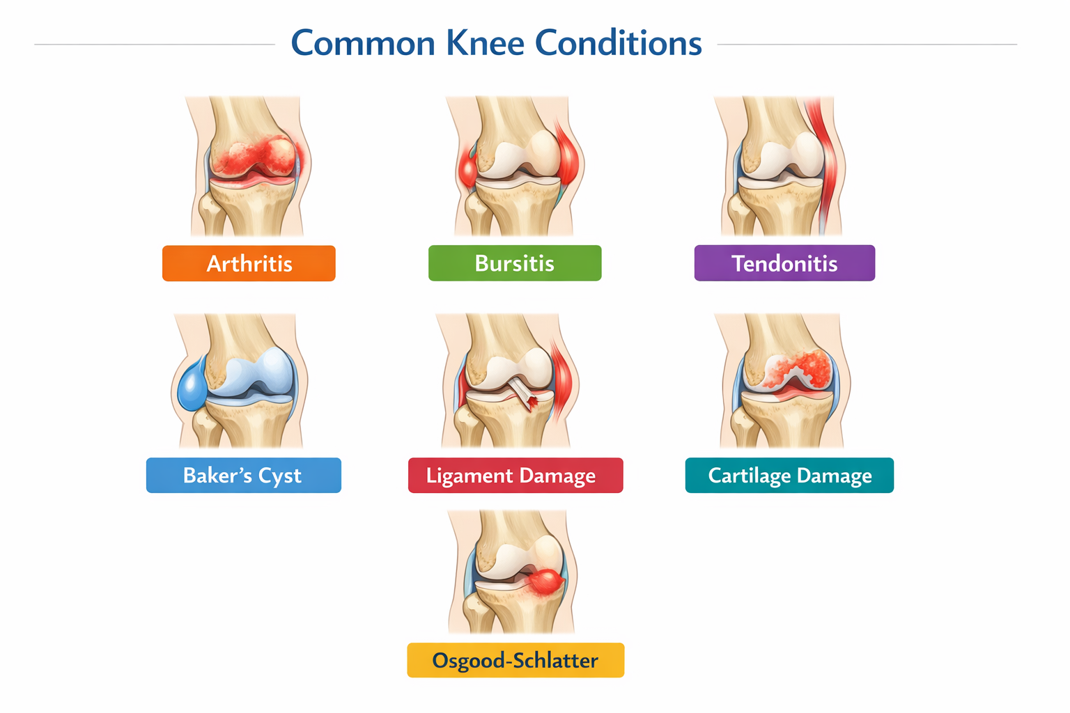 Clean medical-style infographic showing 7 common knee conditions (arthritis, bursitis, tendonitis, Baker's cyst, ligament