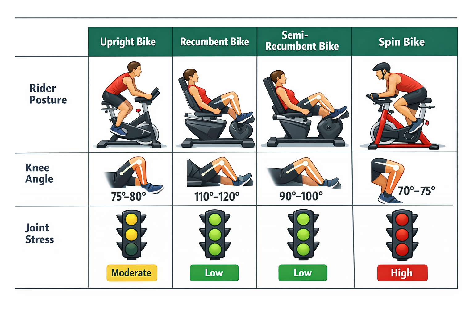 Side-by-side comparison diagram of 4 exercise bike types (upright, recumbent, semi-recumbent, spin) showing rider posture,