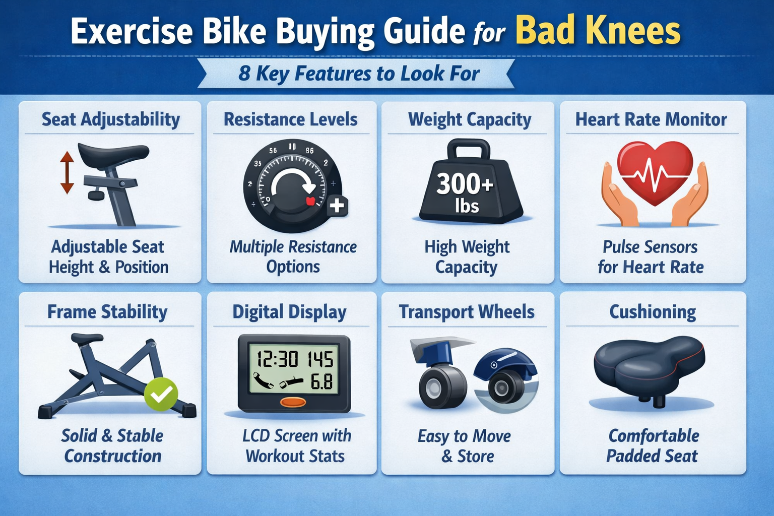 Visual buying guide checklist infographic: 8 key features to look for in an exercise bike for bad knees, with icons for seat