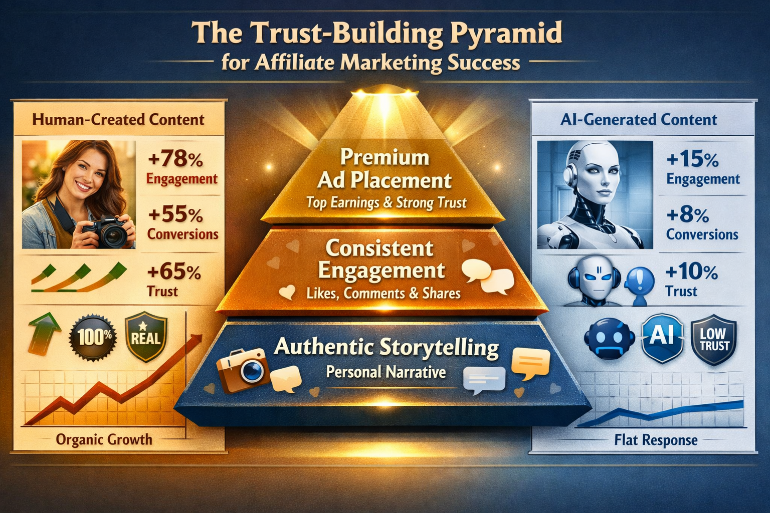 Landscape format (1536x1024) detailed infographic showing the trust-building pyramid for affiliate marketing success. Bottom foundation laye