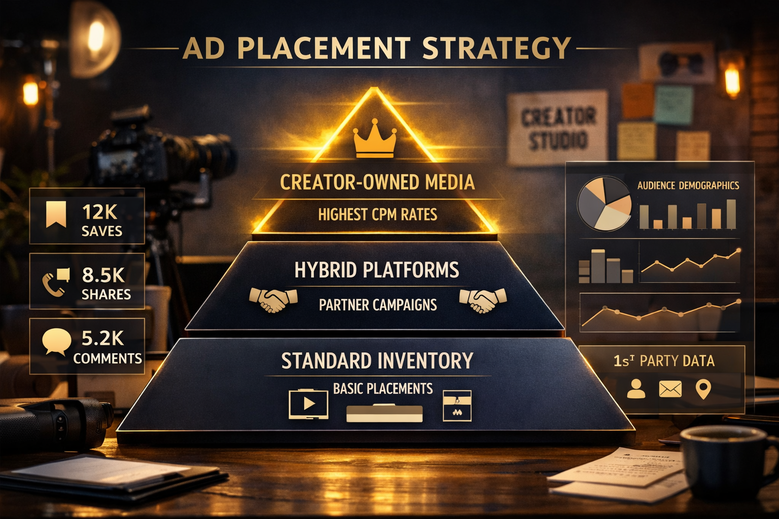 Landscape format (1536x1024) sophisticated visual showing premium ad slot allocation strategy. Center displays tiered media placement chart 