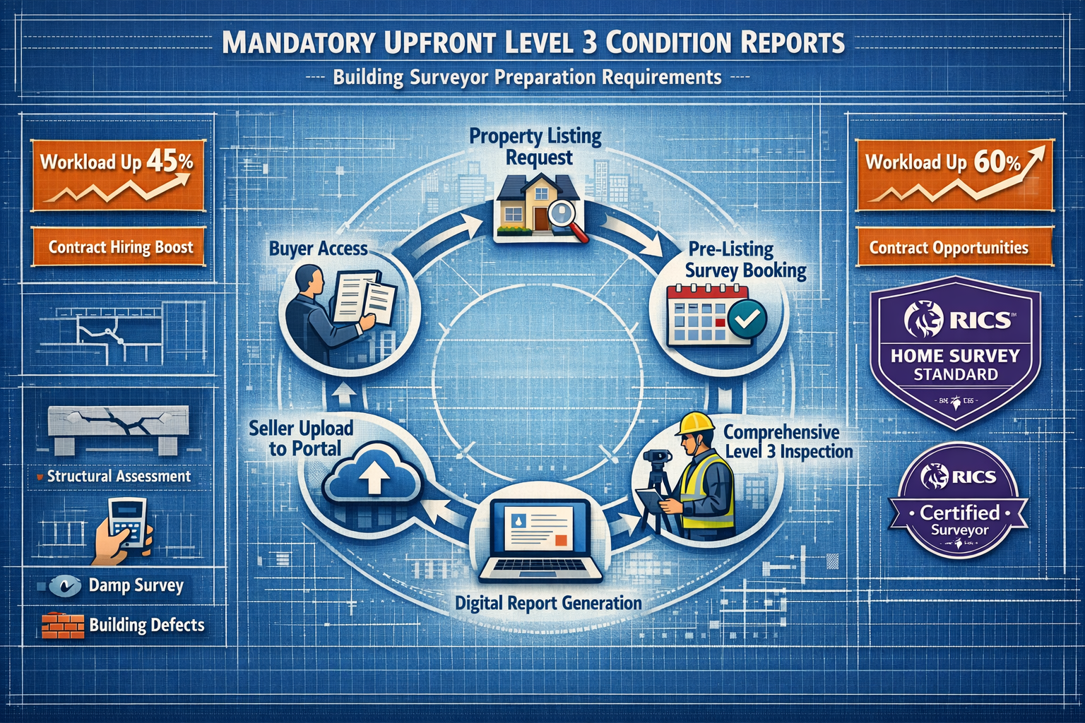 () detailed workflow diagram showing building surveyor preparation requirements for mandatory upfront Level 3 condition