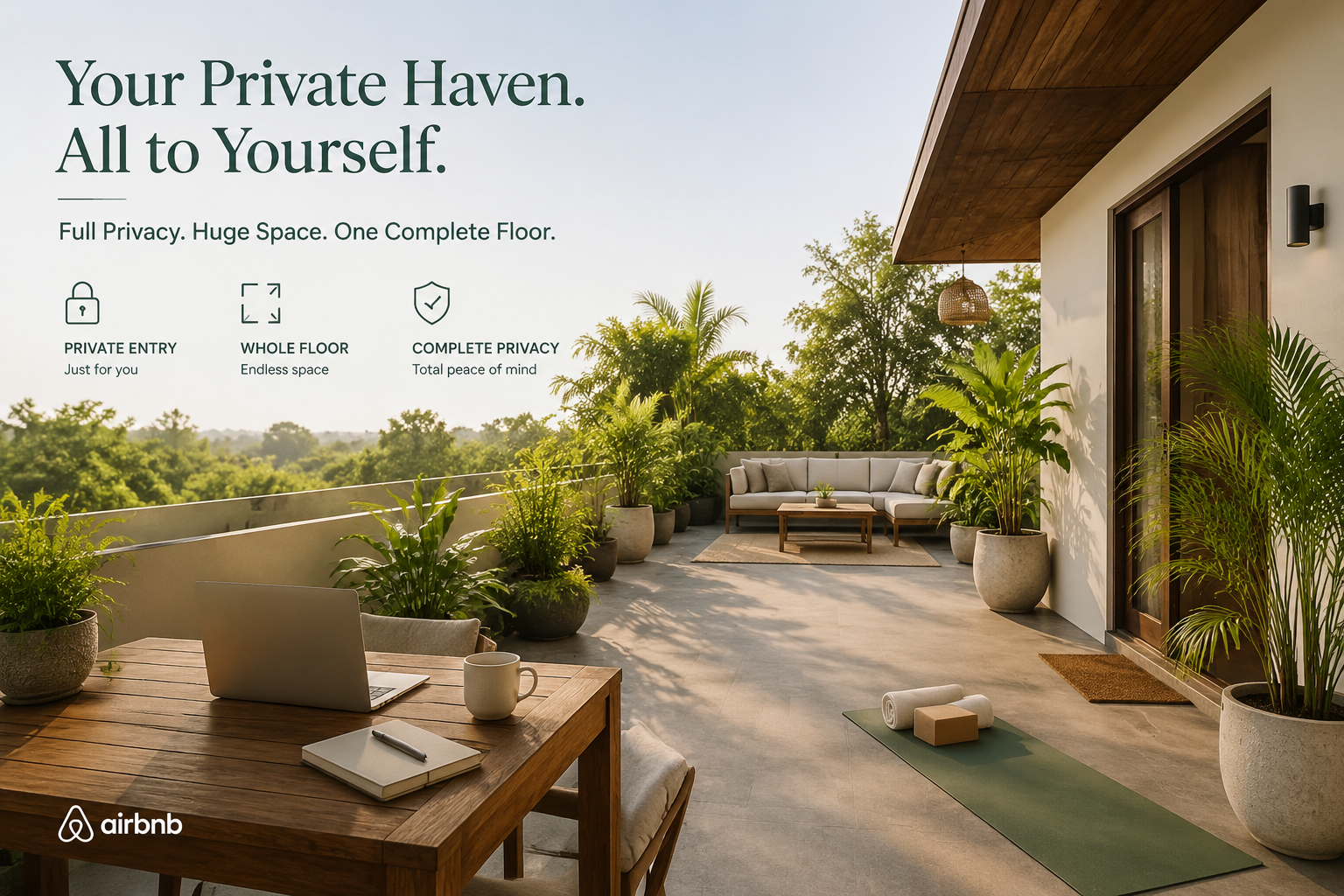 () editorial image depicting a serene, private terrace with lush greenery and comfortable seating, bathed in soft morning