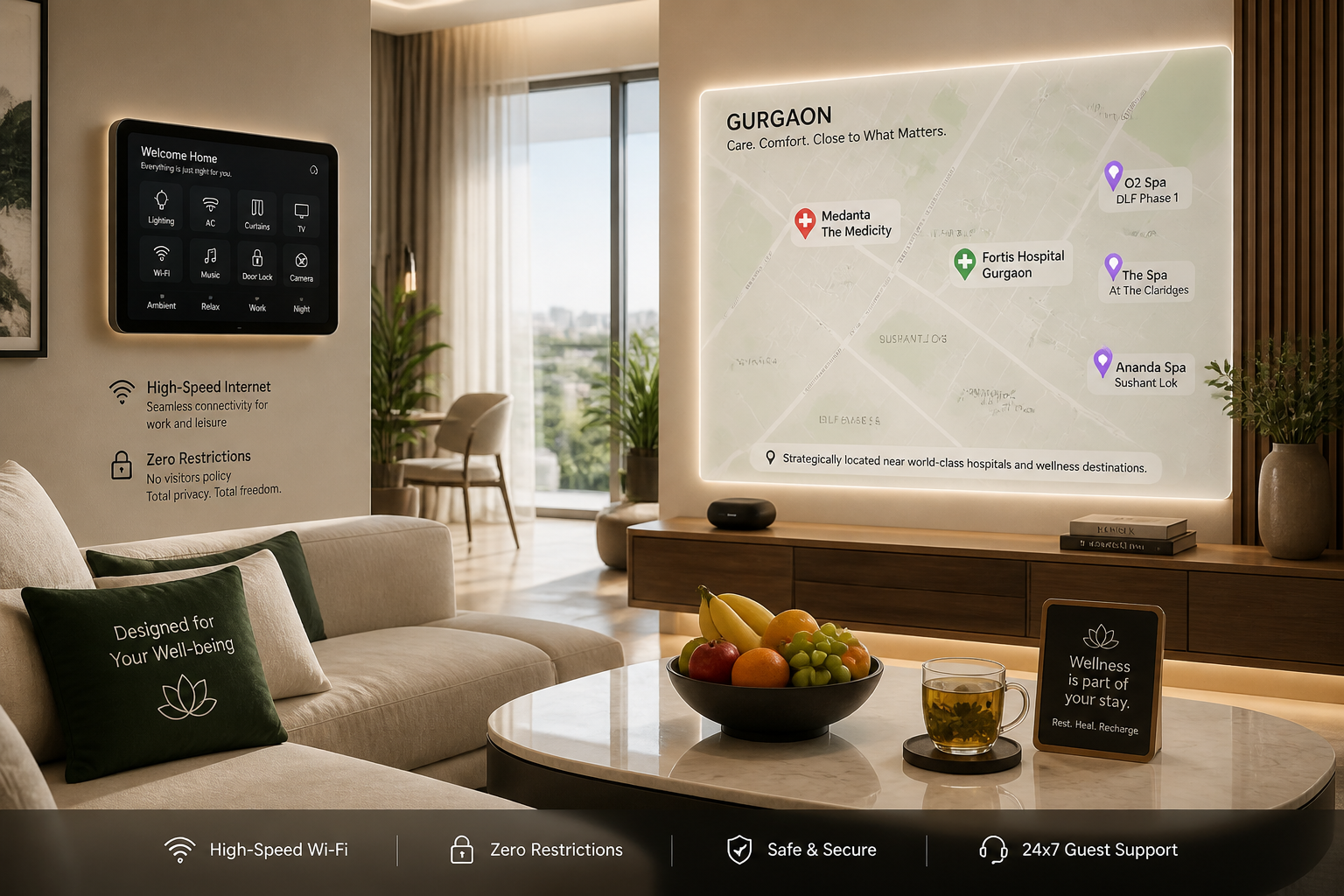 () editorial image showcasing a luxurious, fully automated Airbnb interior, specifically a living area with smart home