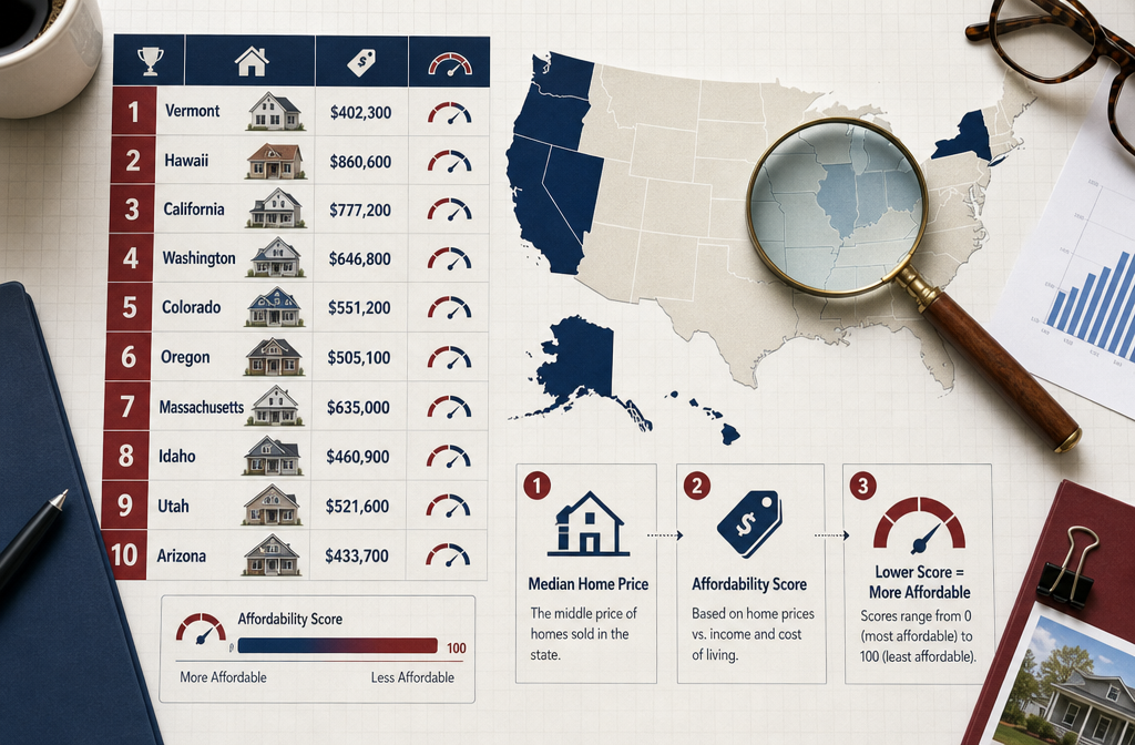 Flat-lay infographic style landscape image () showing a ranking scoreboard with state names, home price icons, and