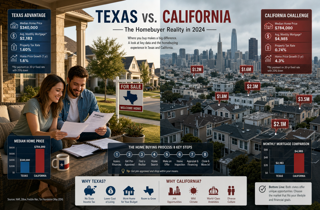 () split-scene image showing two contrasting home buying scenarios side by side: left side shows a Texas suburban