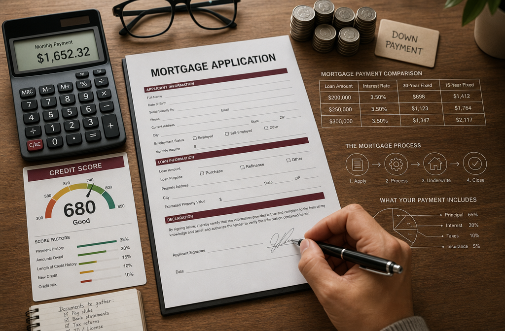 () close-up overhead shot of a wooden desk with a mortgage application form, a calculator showing monthly payment figures, a