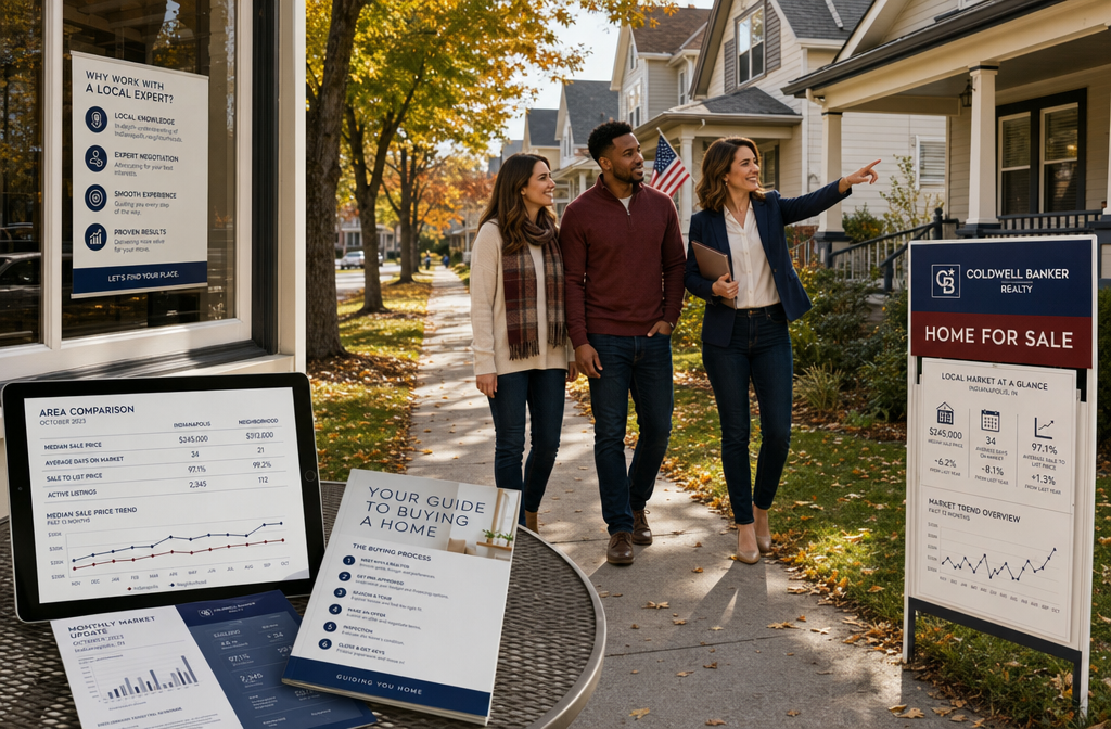 () wide-angle street-level view of a charming Midwest neighborhood &mdash; Columbus Ohio or Indianapolis Indiana &mdash; with tree-lined