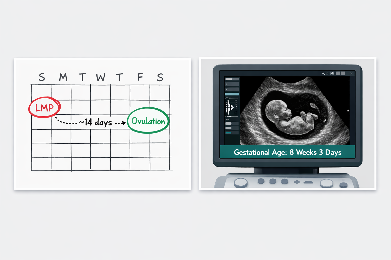 () showing a split-panel comparison visual: left panel displays a simple hand-drawn calendar with an LMP date circled in red