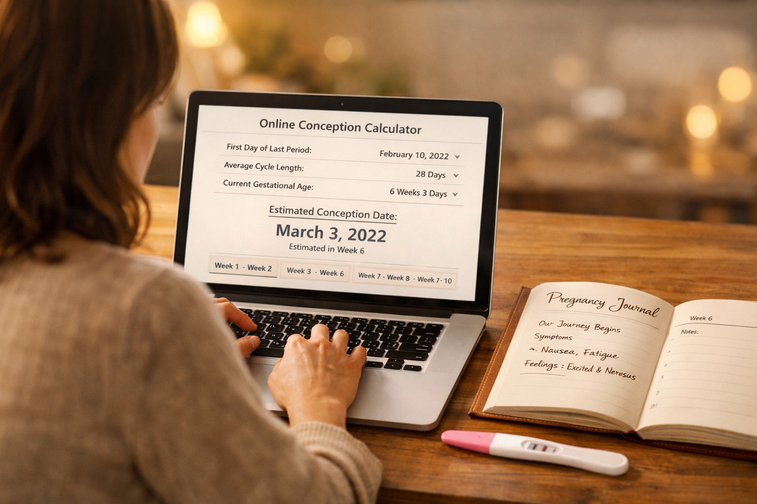 () showing a woman sitting at a desk using a laptop displaying an online conception calculator interface, with a pregnancy