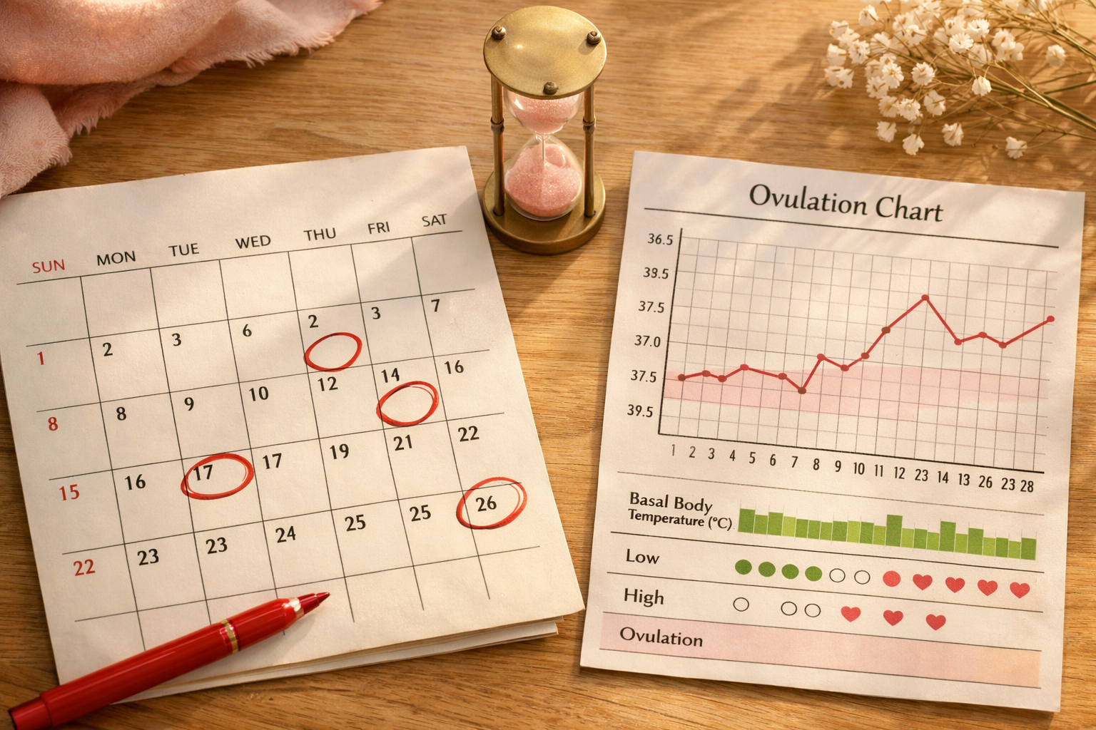 Close-up flat-lay of a monthly calendar with several dates circled in red pen, a small hourglass, and an ovulation tracking