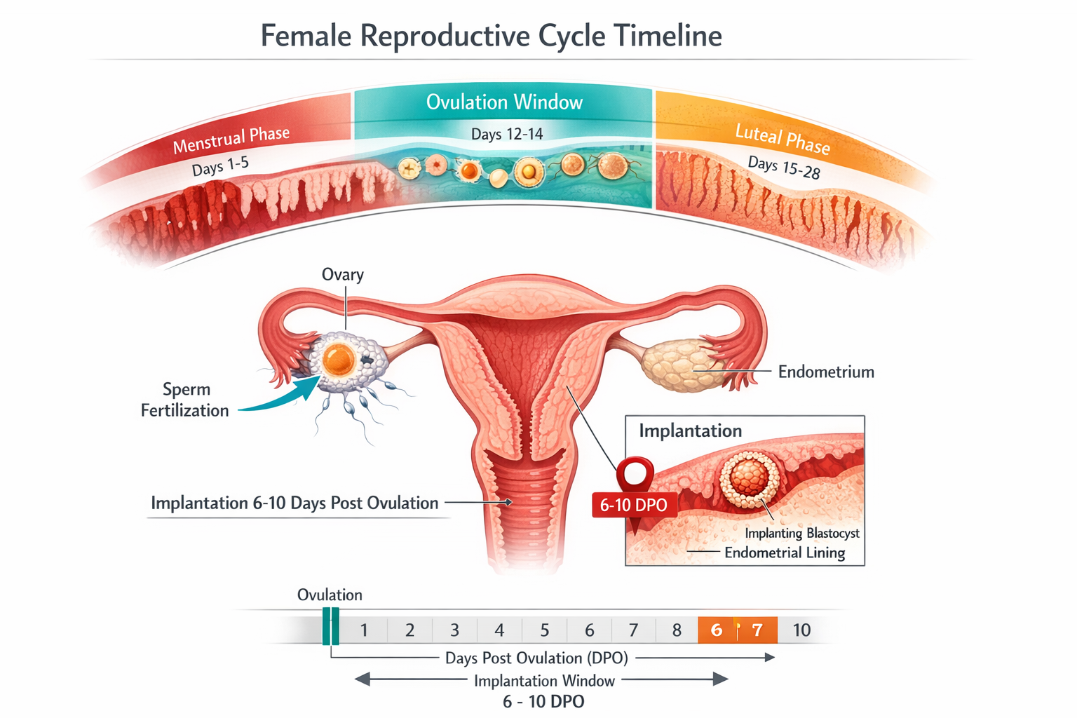 Detailed medical-style infographic illustration showing the female reproductive cycle timeline: ovulation window highlighted